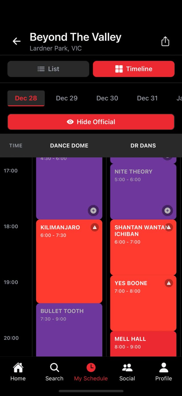 Timeline with official timetable