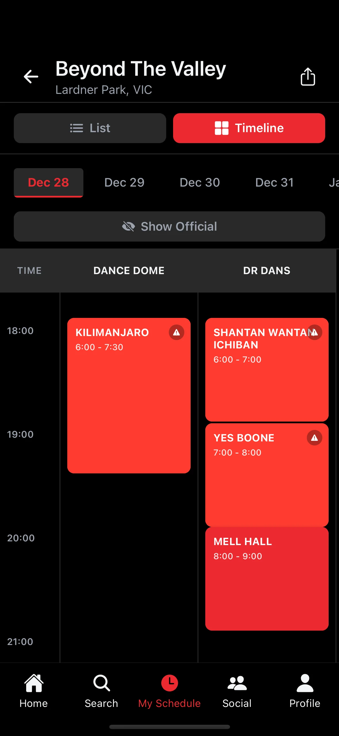 Clash schedule timeline with clash detection